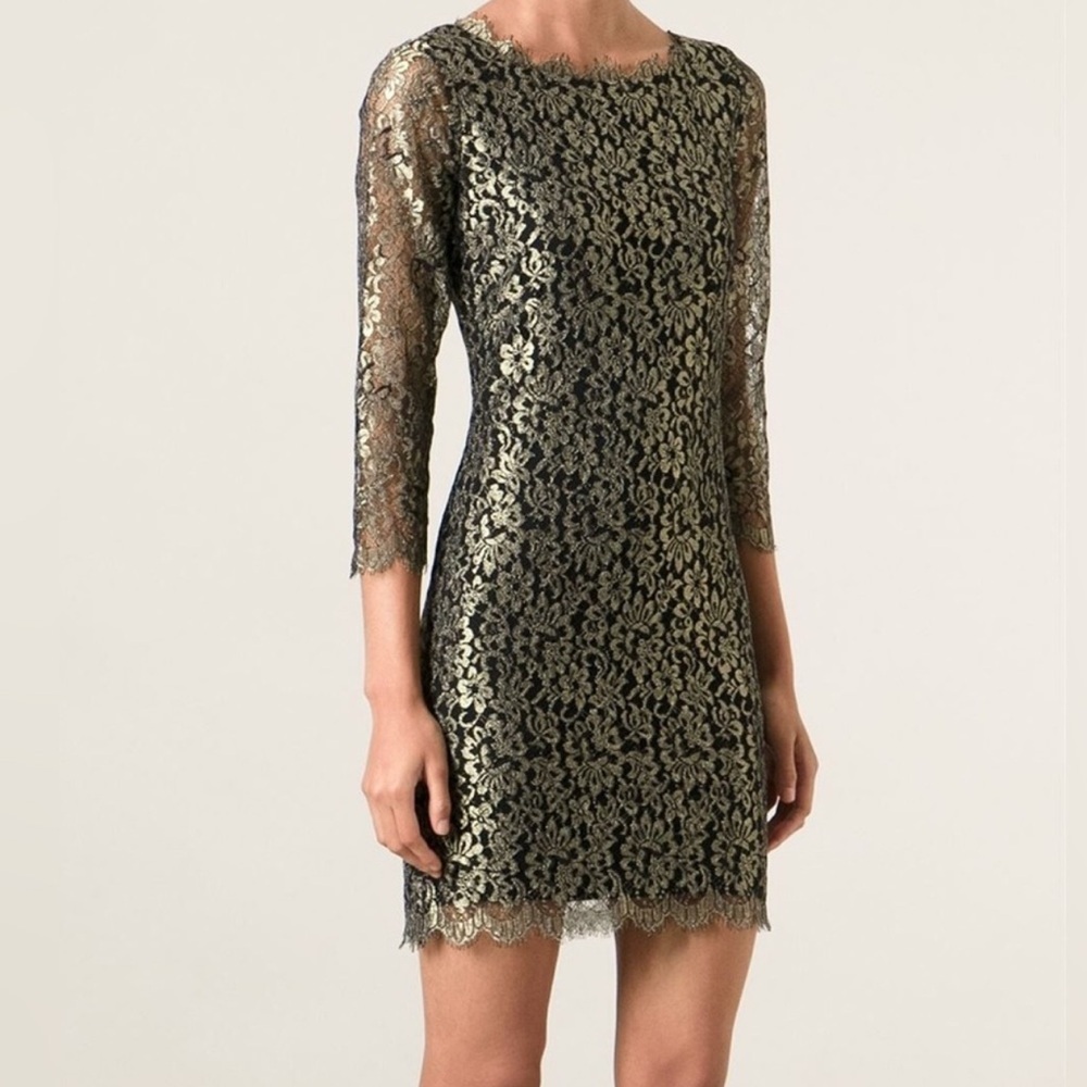 Diane von Furstenberg wrap dress lace shimmer gold green black size 0